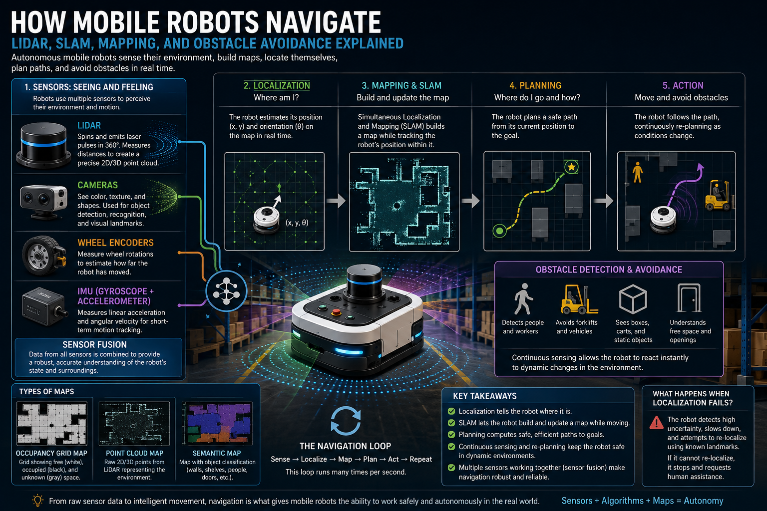 How Mobile Robots Navigate: LiDAR, SLAM, Mapping, and Obstacle Avoidance Explained