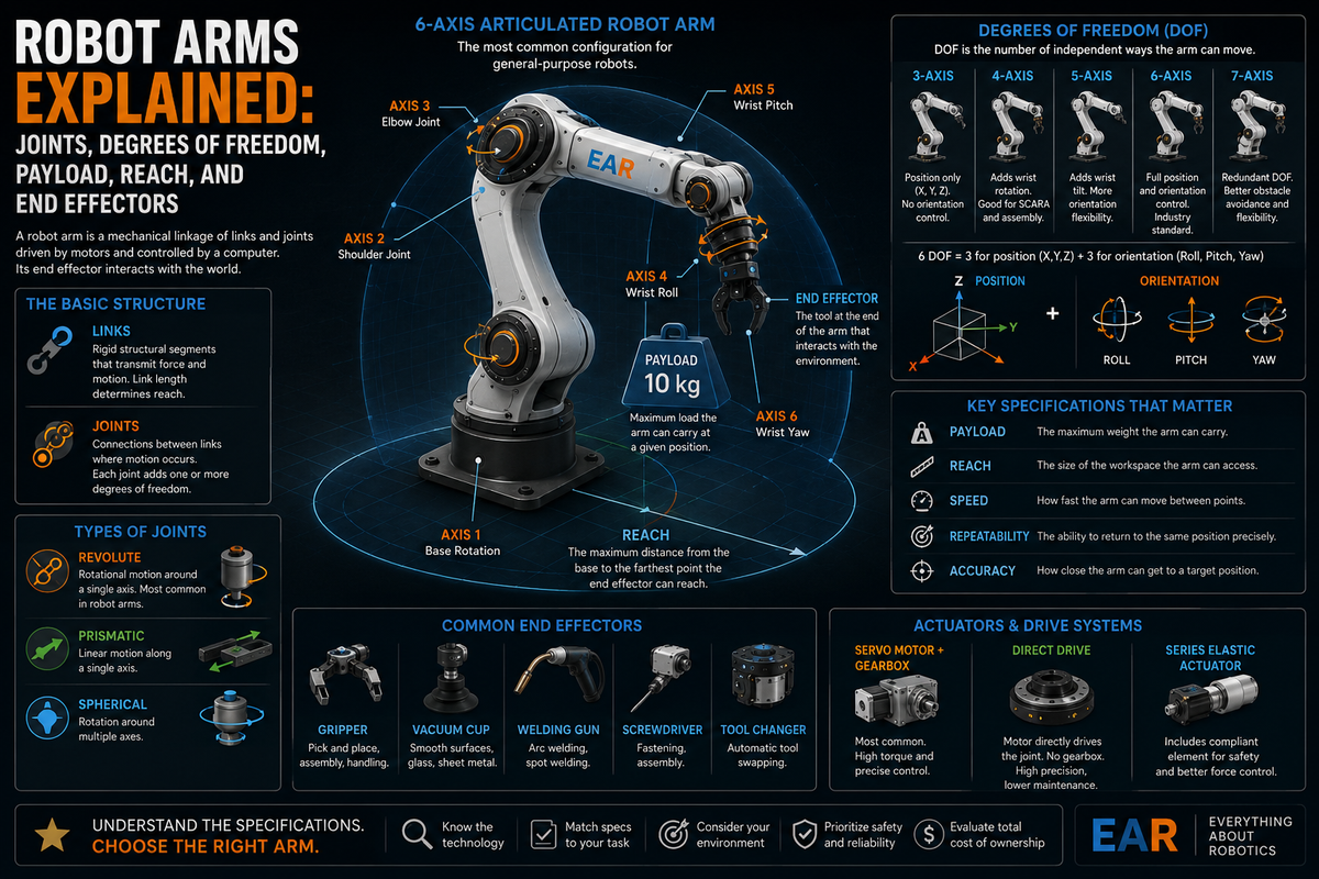 Robot Arms Explained: Joints, Degrees of Freedom, Payload, Reach, and End Effectors